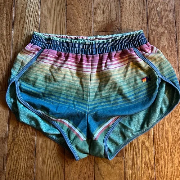 Aviator Nation Rainbow Stripe Pull-On W Shorts Teal, Green, Pink, Yellow Tulum - Picture 2 of 3